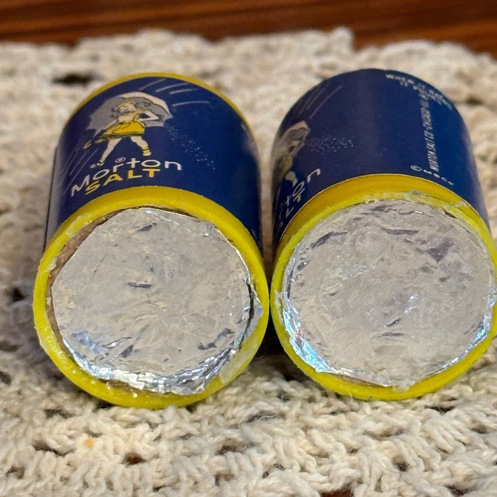Morton Salt Miniature Shakers Set of 2 Blue Yellow Vintage 1.5in Advertising USA